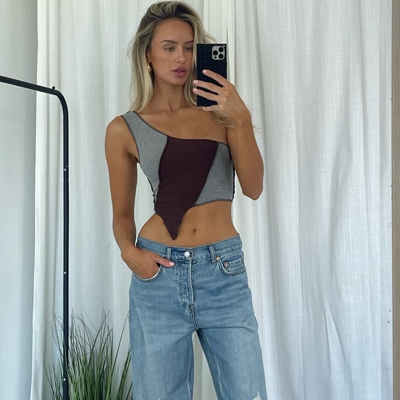 Revolve superdown crop top Y2K style xs brown grey one shoulder - Picture 5 of 5